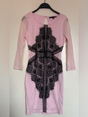 Pink Long-Sleeve Sheath Dress with Black Lace Overlay